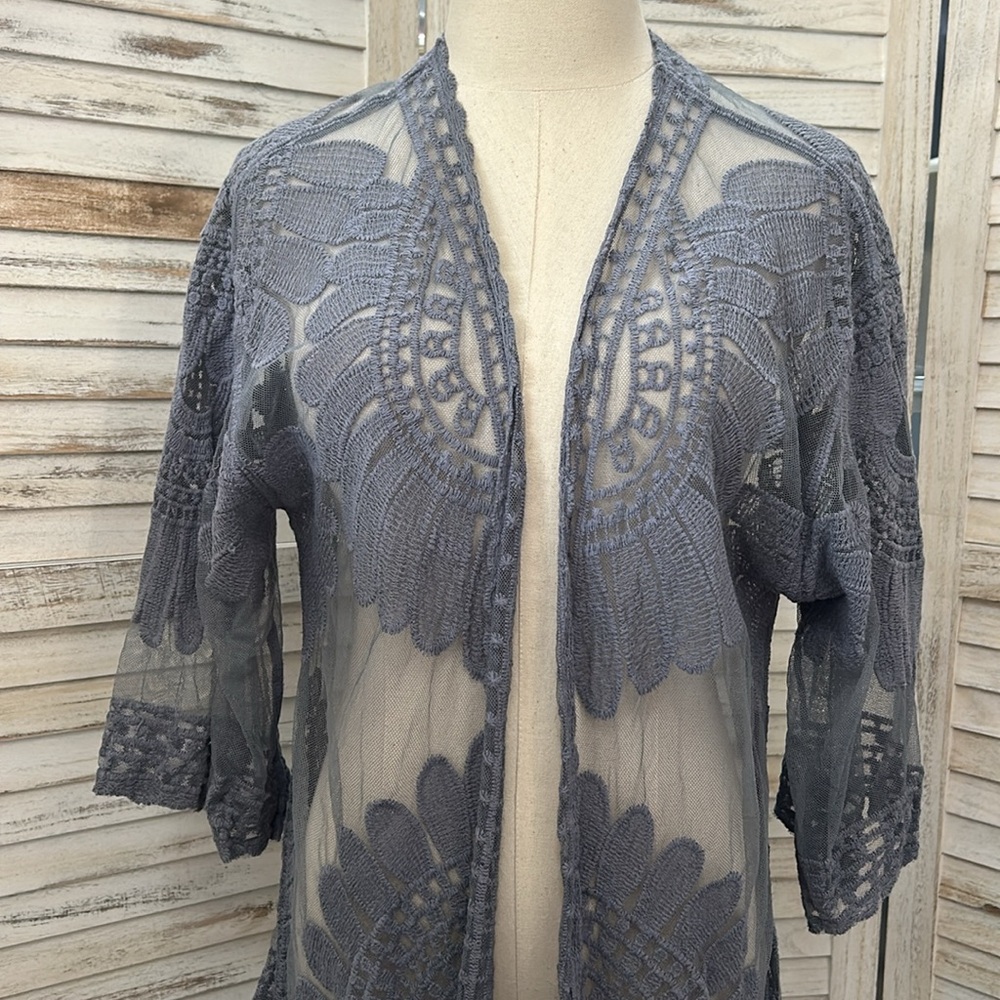 Open Front Sheer Lace Duster Robe - Picture 2 of 5